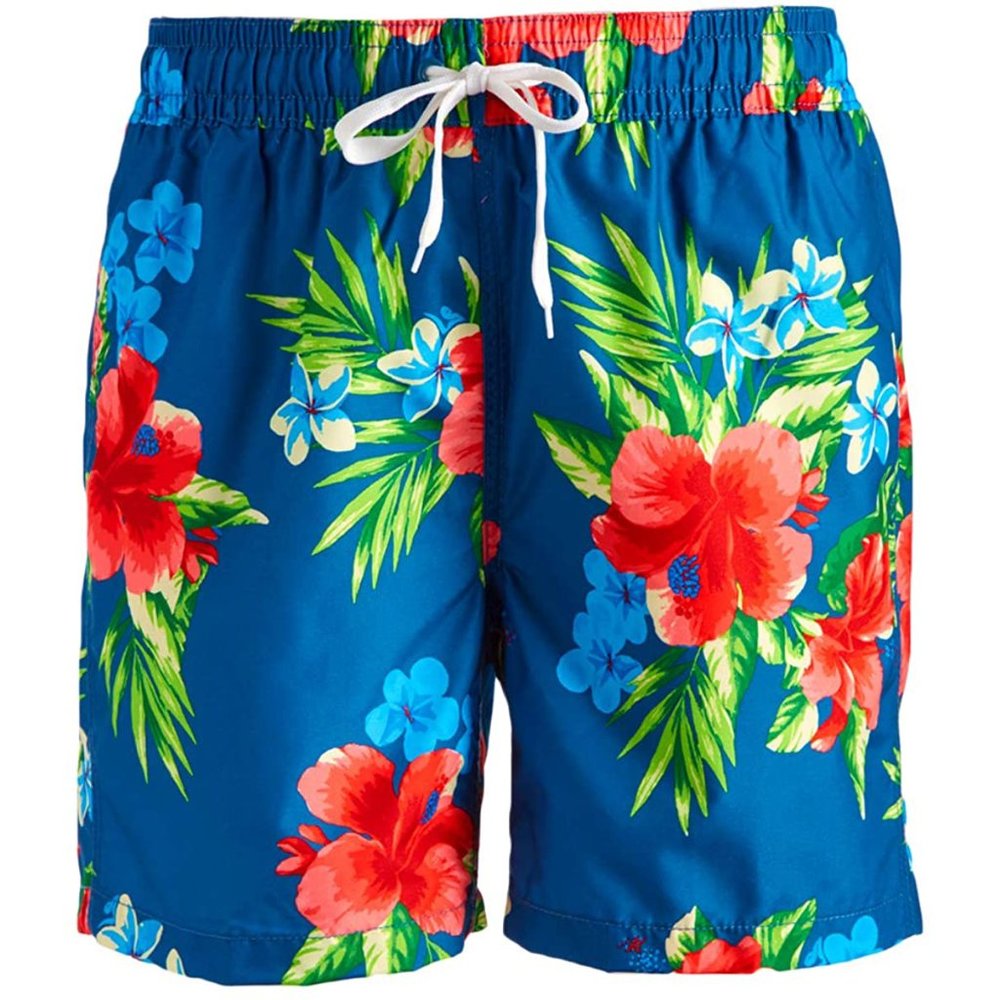 Denim Blue Tropical Floral Print Swim Trunks M